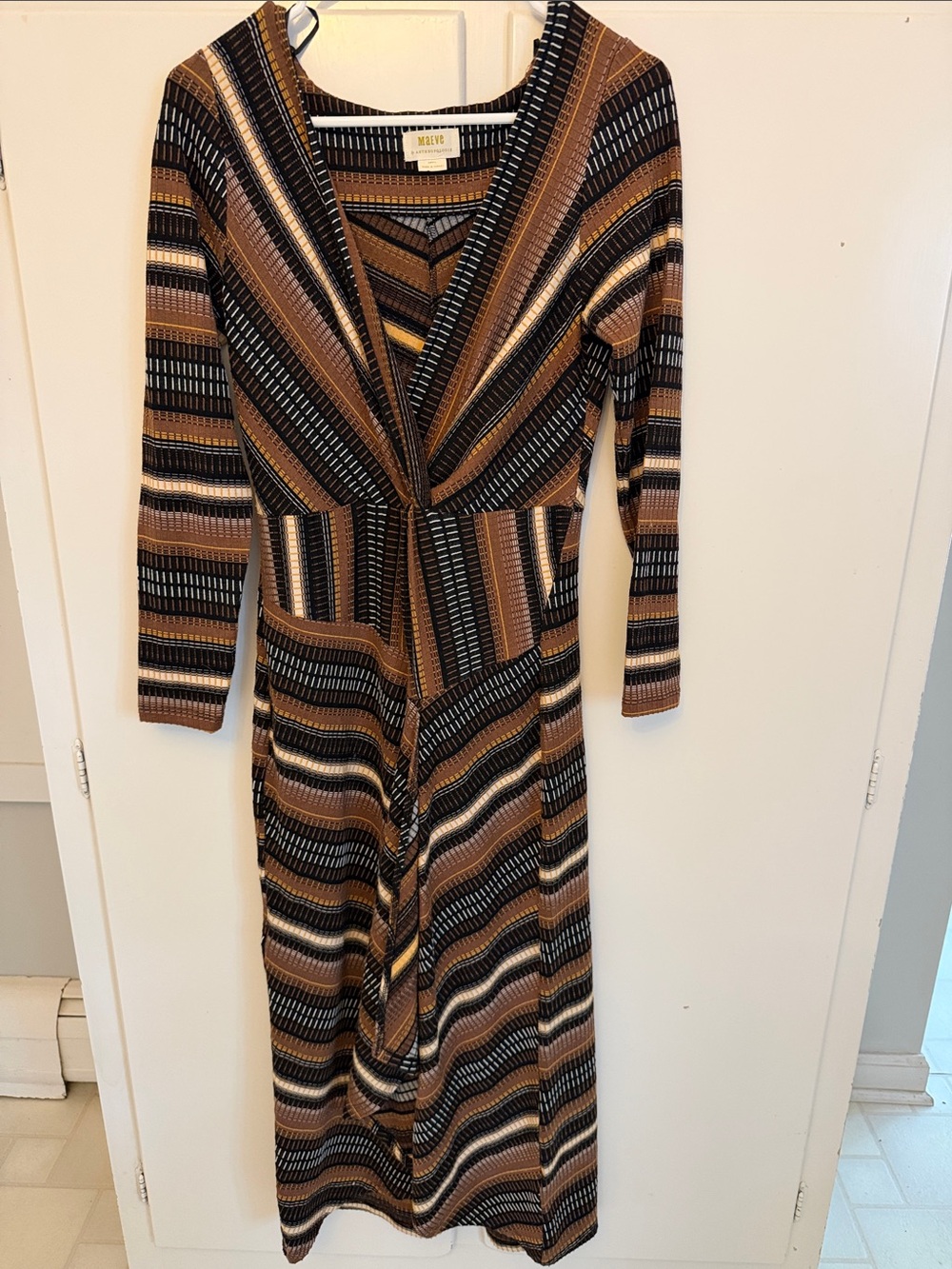 Anthropologie Striped Long-Sleeve Wrap Maxi Dress in Brown and Black